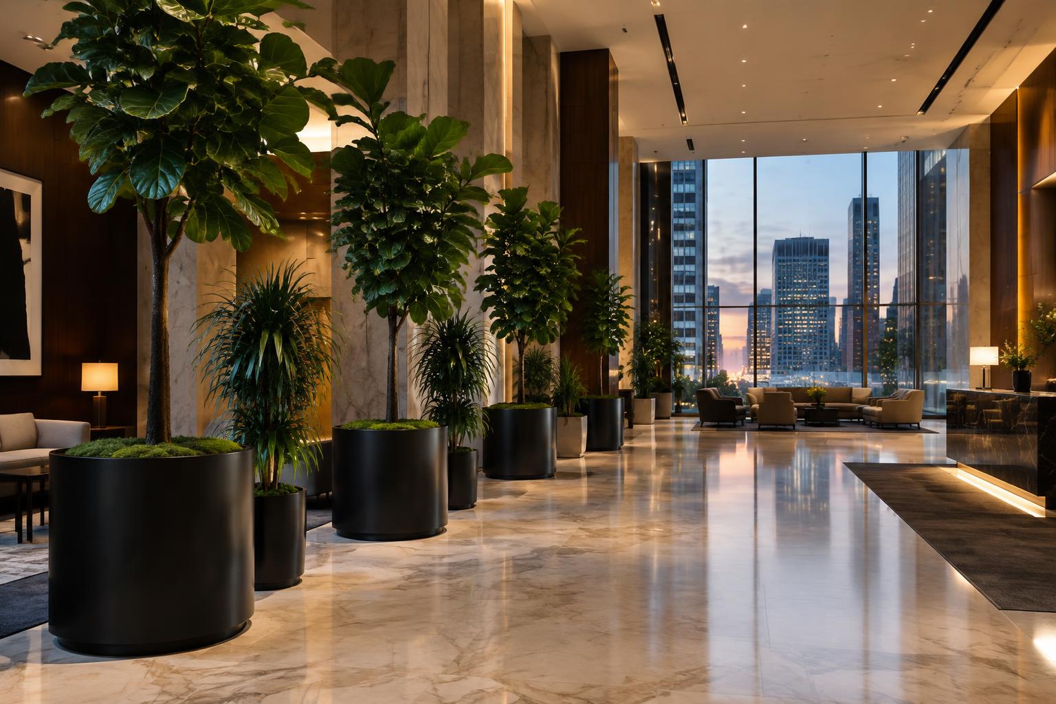 Illustrative concept of tall fiddle-leaf figs and dracaena in matte black planters along a Midtown hotel lobby