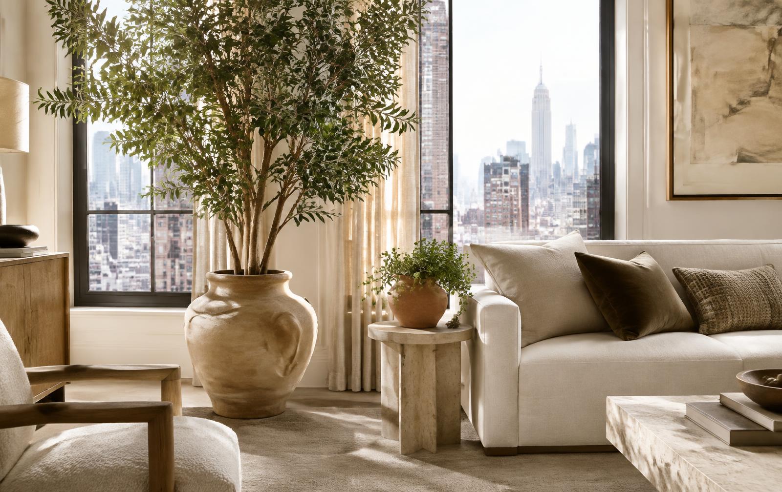 Concept living room with a large tree in a sculptural artisan pottery vessel
