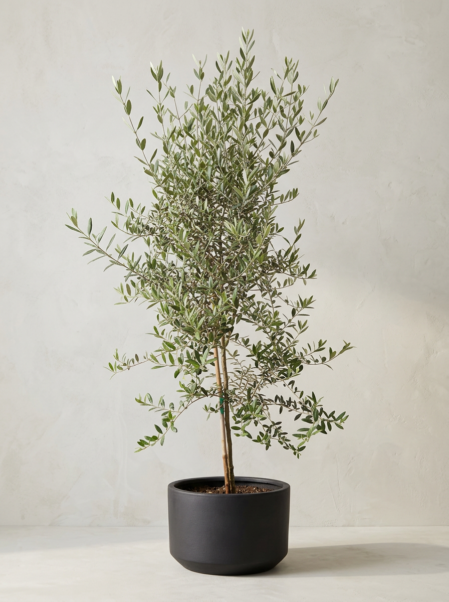 Concept of an olive tree in a short black ceramic pot