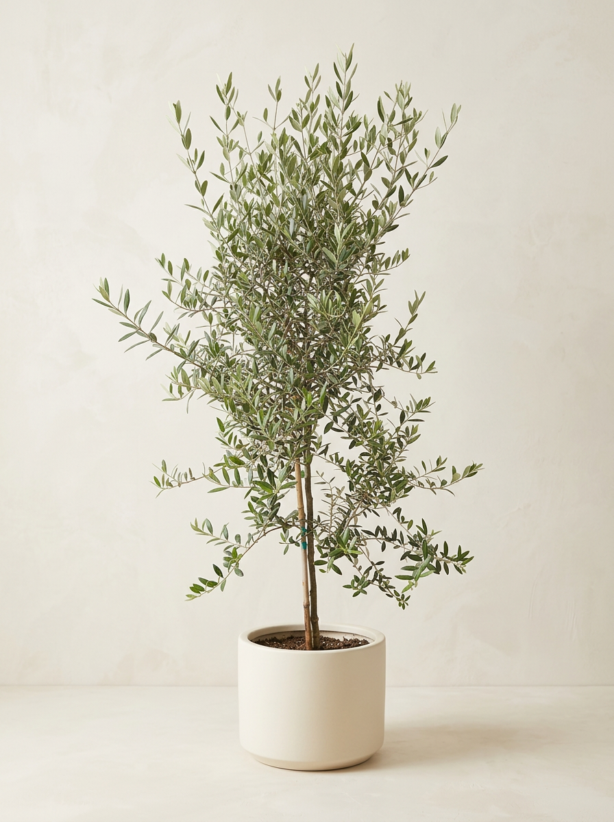 Concept of an olive tree in a short white ceramic pot