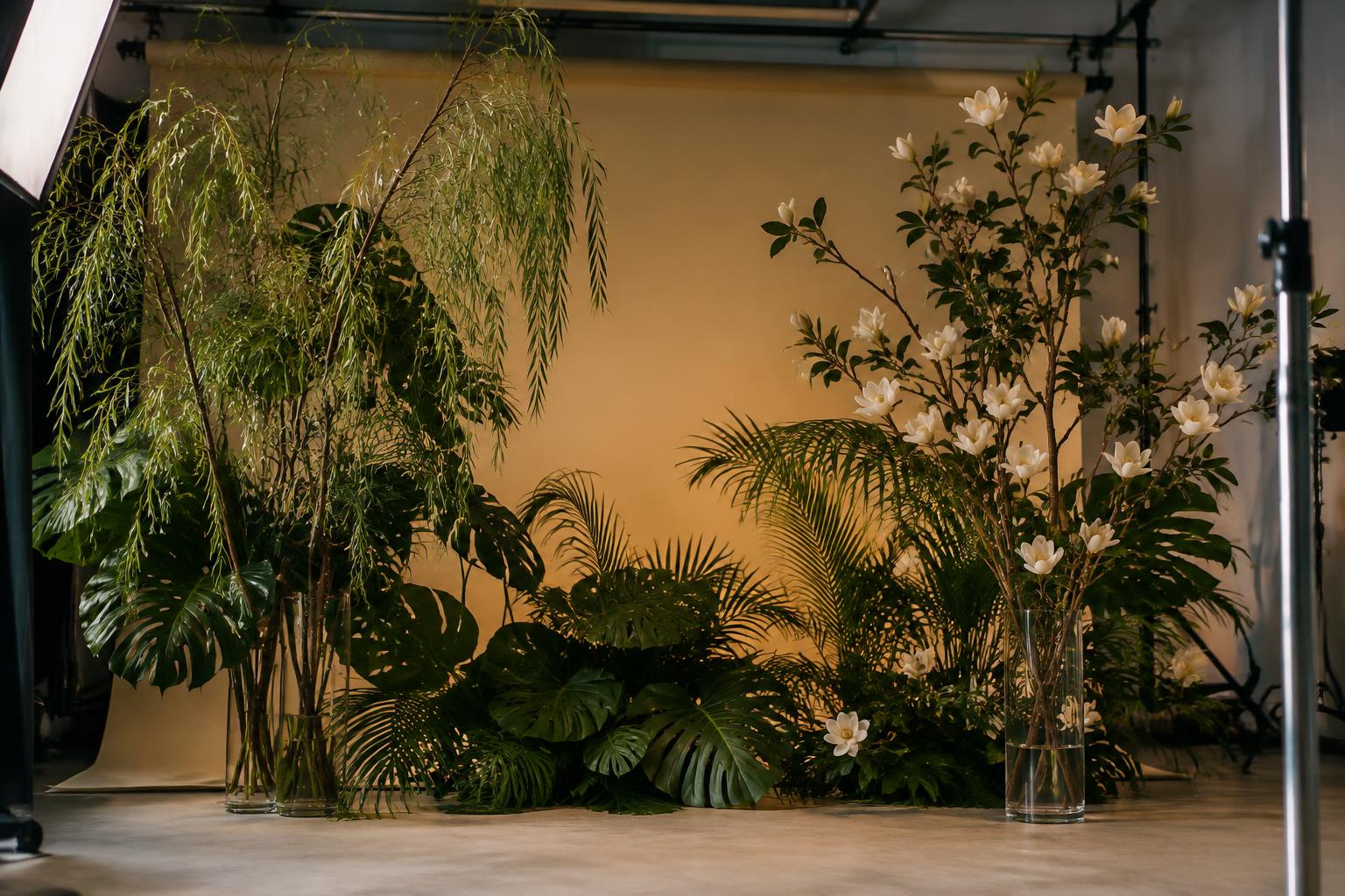 Illustrative concept of a photography studio set with branches in clear glass vases and layered tropical foliage as a backdrop