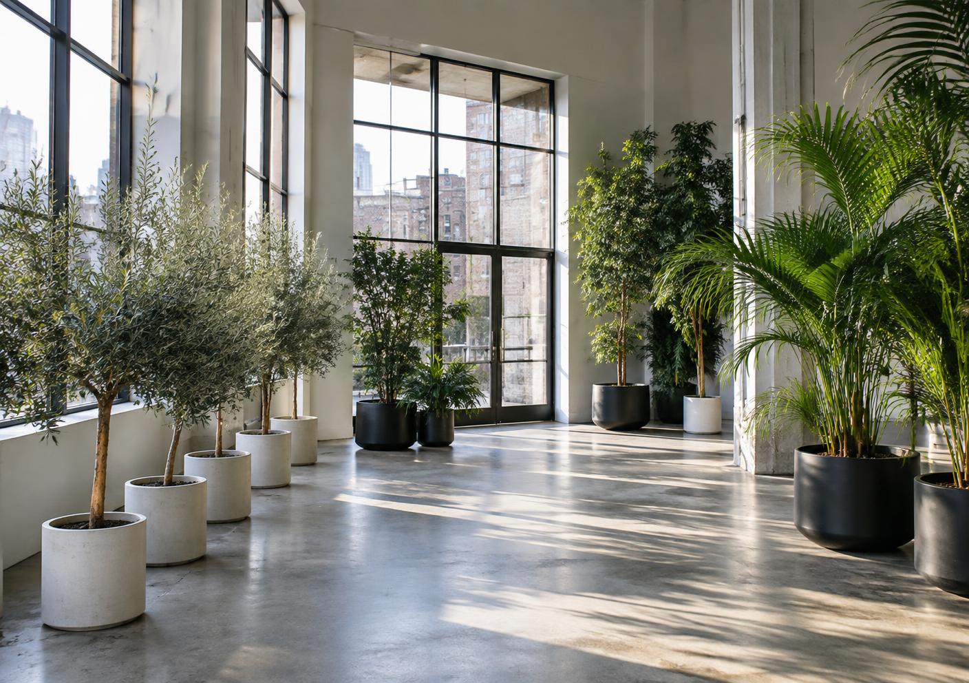 Illustrative concept of potted trees and palms arranged in a New York event space