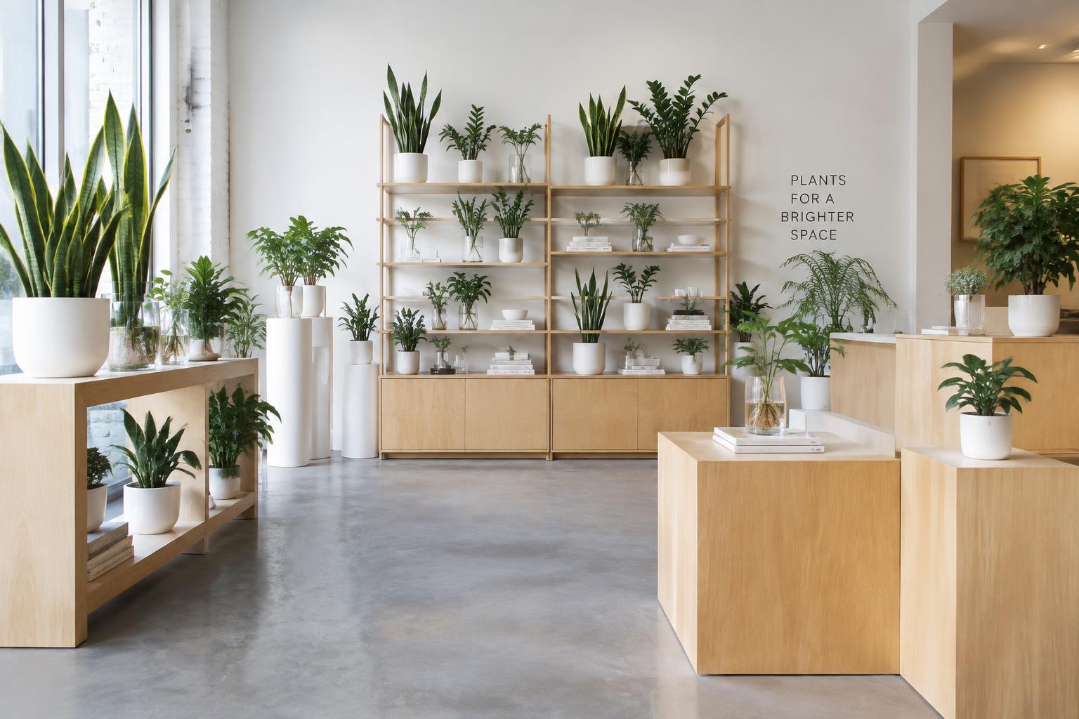 Illustrative concept of a retail pop-up shop styled with snake plants, ZZ plants, and tabletop greenery in white ceramic vessels