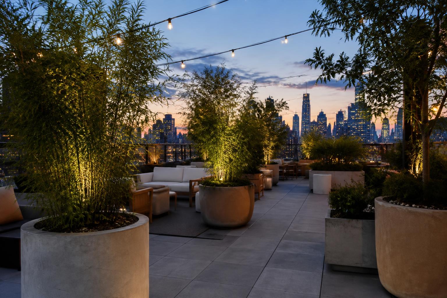 Illustrative concept of bamboo and leafy trees in concrete planters defining lounge areas on a Manhattan rooftop at dusk