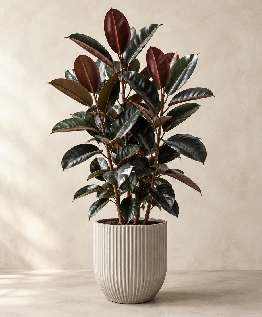 Burgundy rubber tree in a ribbed ceramic pot