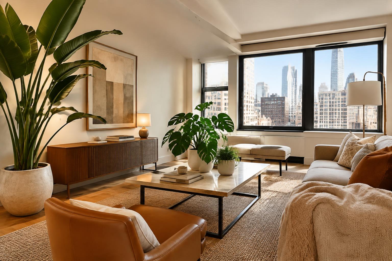 Illustrative concept of a staged Manhattan apartment living room with a bird of paradise, monstera, and tabletop plants