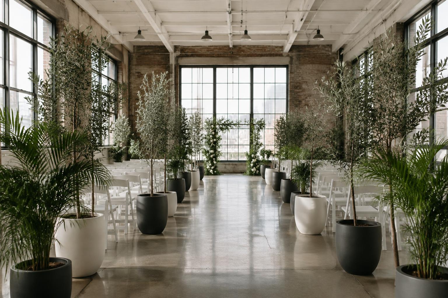 Illustrative concept of potted olive trees and kentia palms lining a wedding ceremony aisle in a New York loft venue